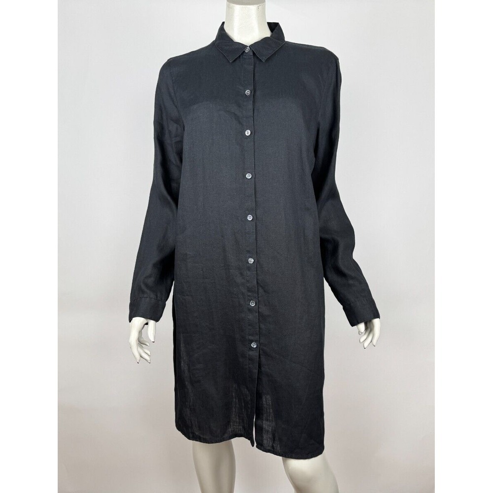 J Jill Linen Long Sleeve Shirt Women L Tall Button-up Collared Tunic Dress Black
